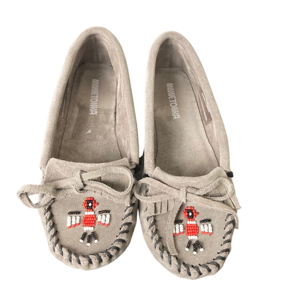 Minnetonka gray suede moccasins with thunderbird beading. 5.5
